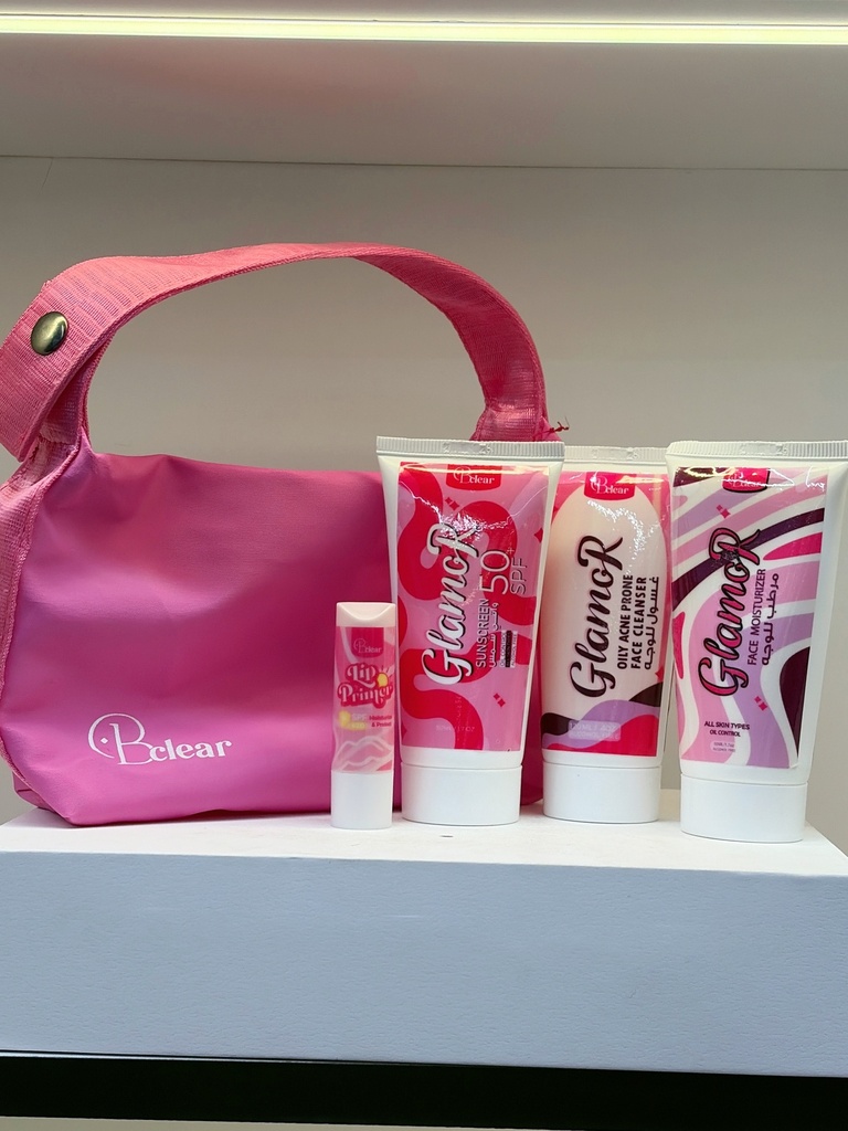 BCLEAR BAG GLAMOR SUNSCREEN GLAMOR OILY ACNE PRONE FACE CLEANSER GLAMOR FACE MOISTURIZER LIP PRIMER